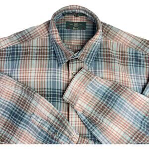 Orvis Men’s XL Blue Orange Plaid Cotton Button-Up Shirt VTG Casual Long Sleeve